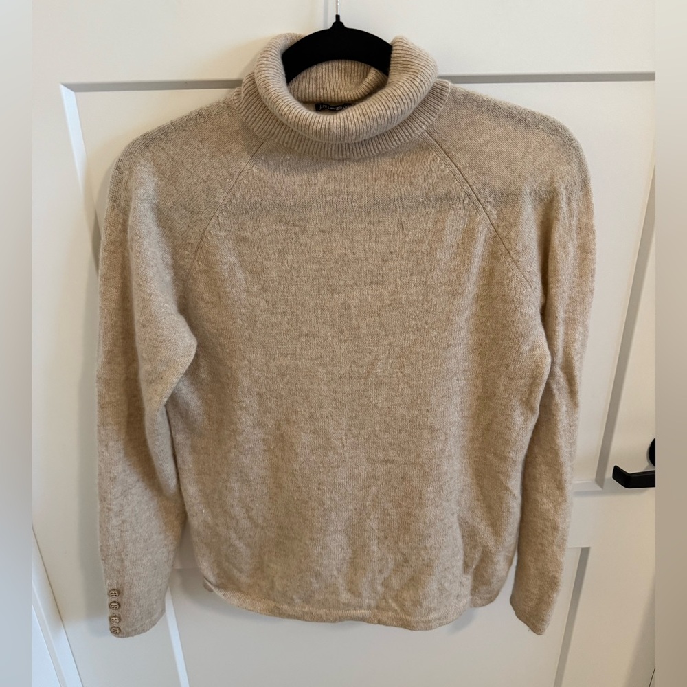 J.McLaughlin 100% Cashmere Turtleneck Sweater Beige Button Sleeve S Luxury Soft